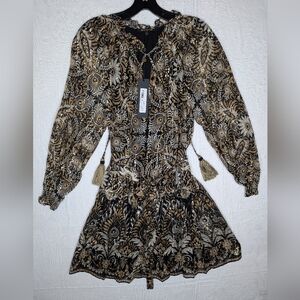 NEW KOBI HALPERIN kaye tie waist dress in black/gold XS